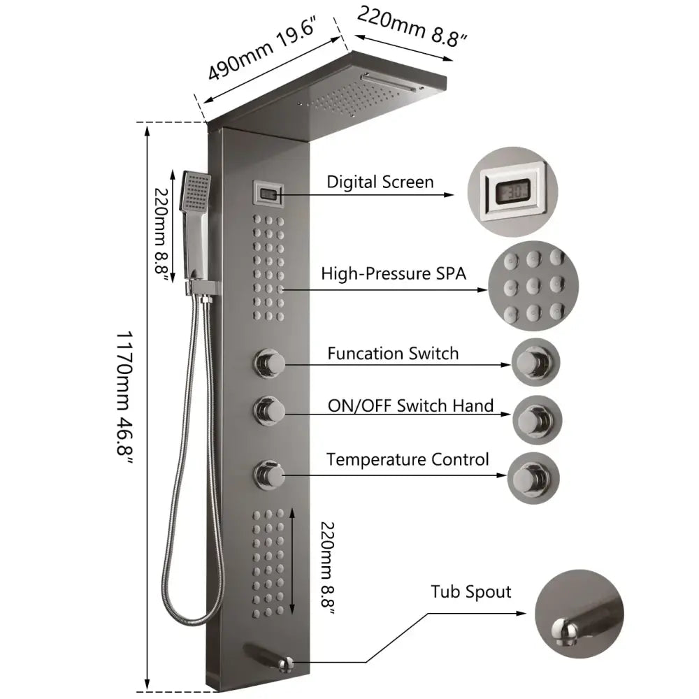 Modern dark grey shower column with massage system for bathroom