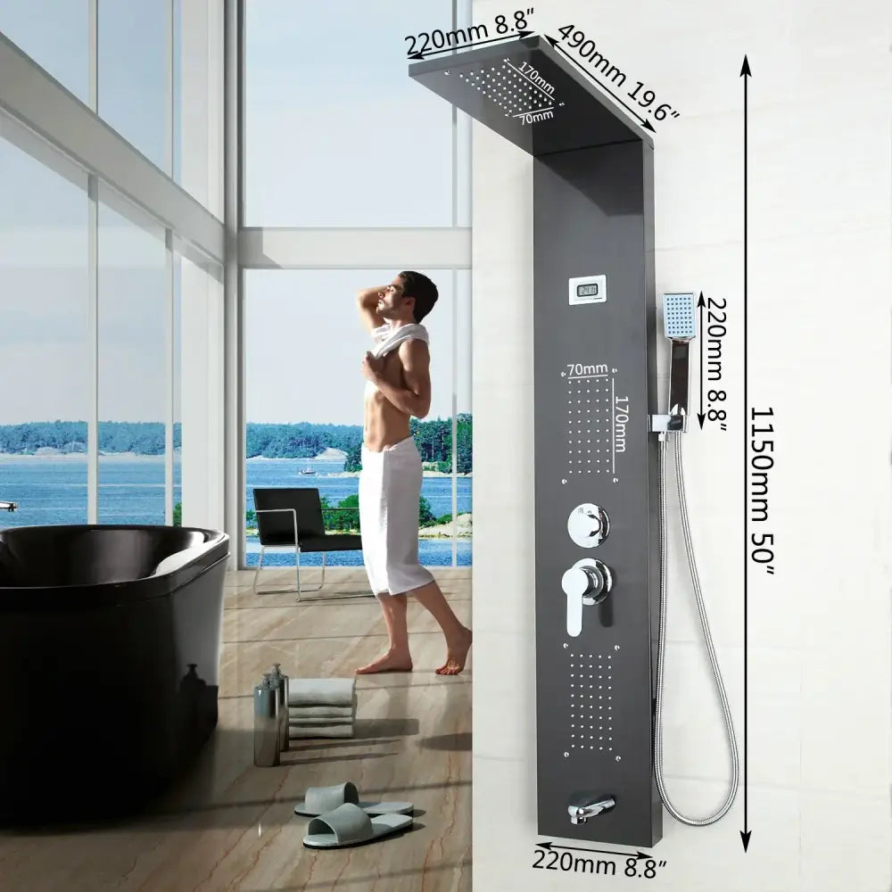 Modern dark nickel shower panel with massage system bathroom spa