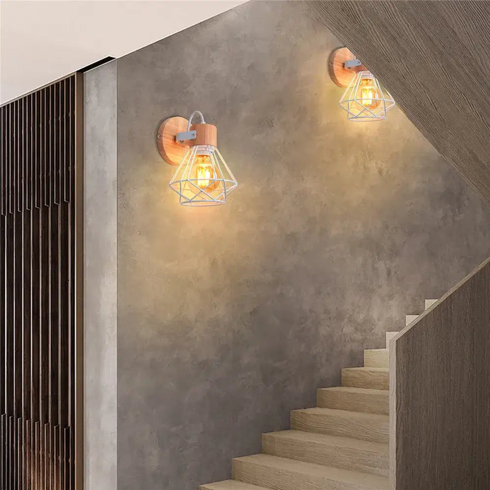 Modern decorbites iron white cage wall lamp bedroom wood sconce