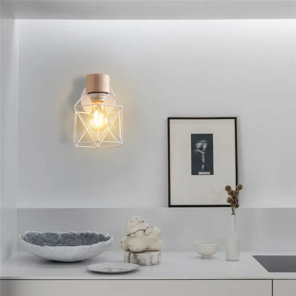 Modern decorbites iron white cage wall lamp bedroom wood sconce