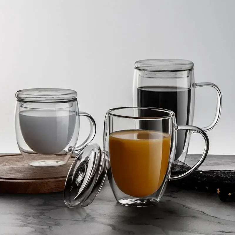 Modern double wall beer whiskey wine glass mug set with lid kitchen