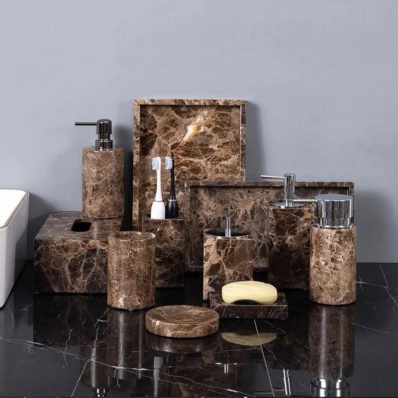 Modern emperador dark marble bathroom set with chrome accents