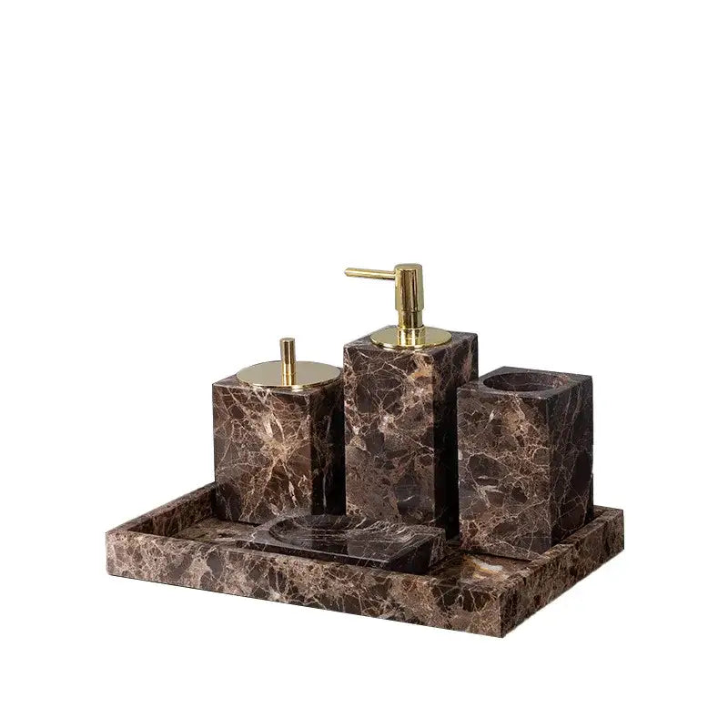 Modern emperador dark marble bathroom set with chrome accents