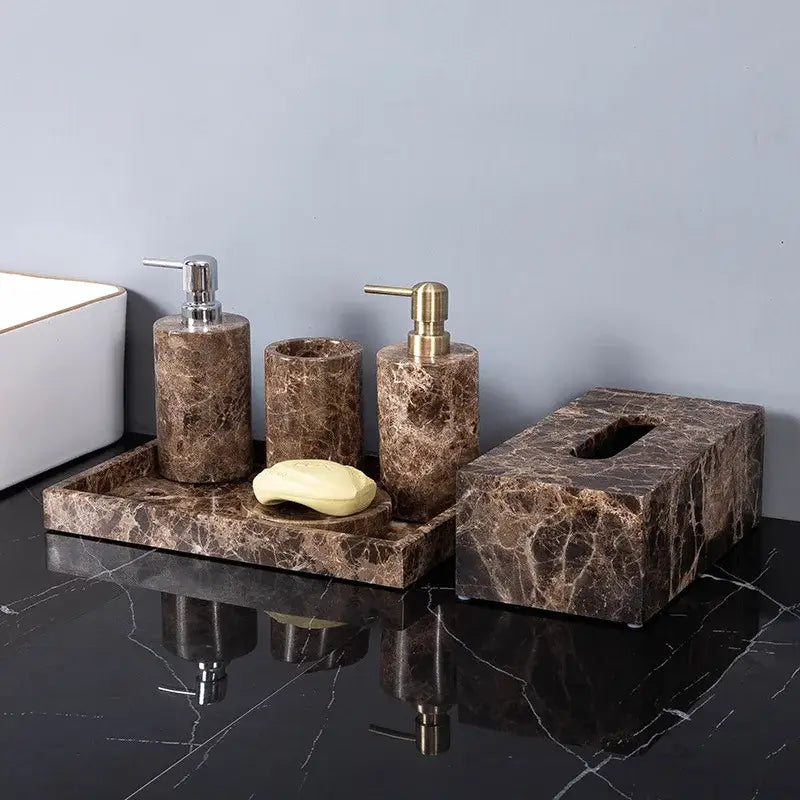Modern emperador dark marble bathroom set with chrome accents