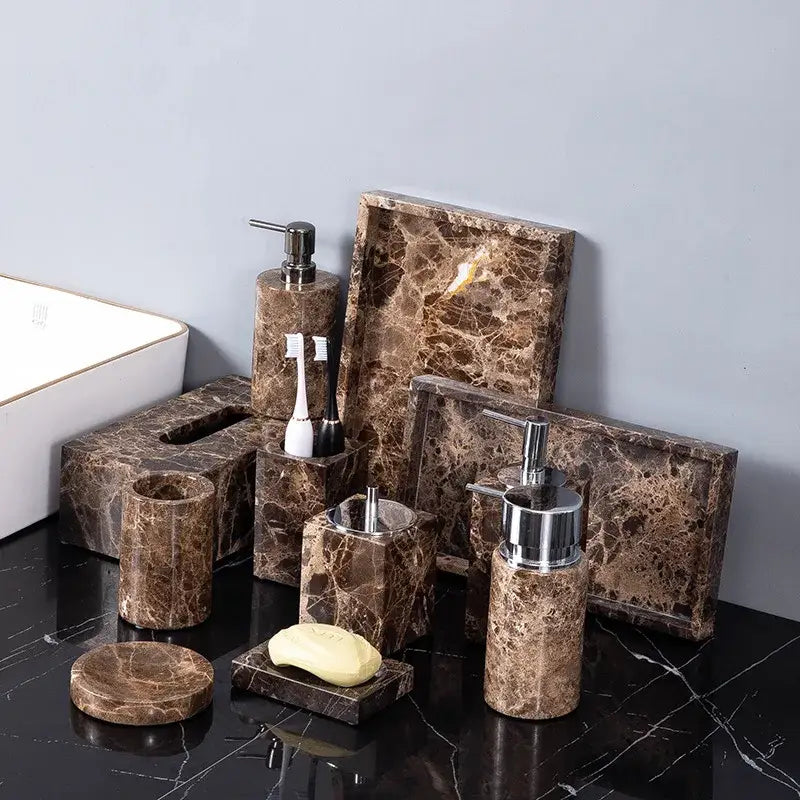 Modern emperador dark marble bathroom set with chrome accents