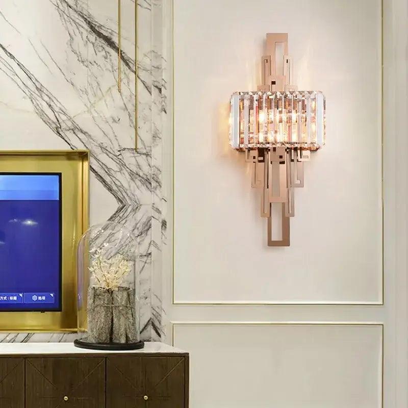 Modern geometric gold crystal wall lamp bedroom sconce