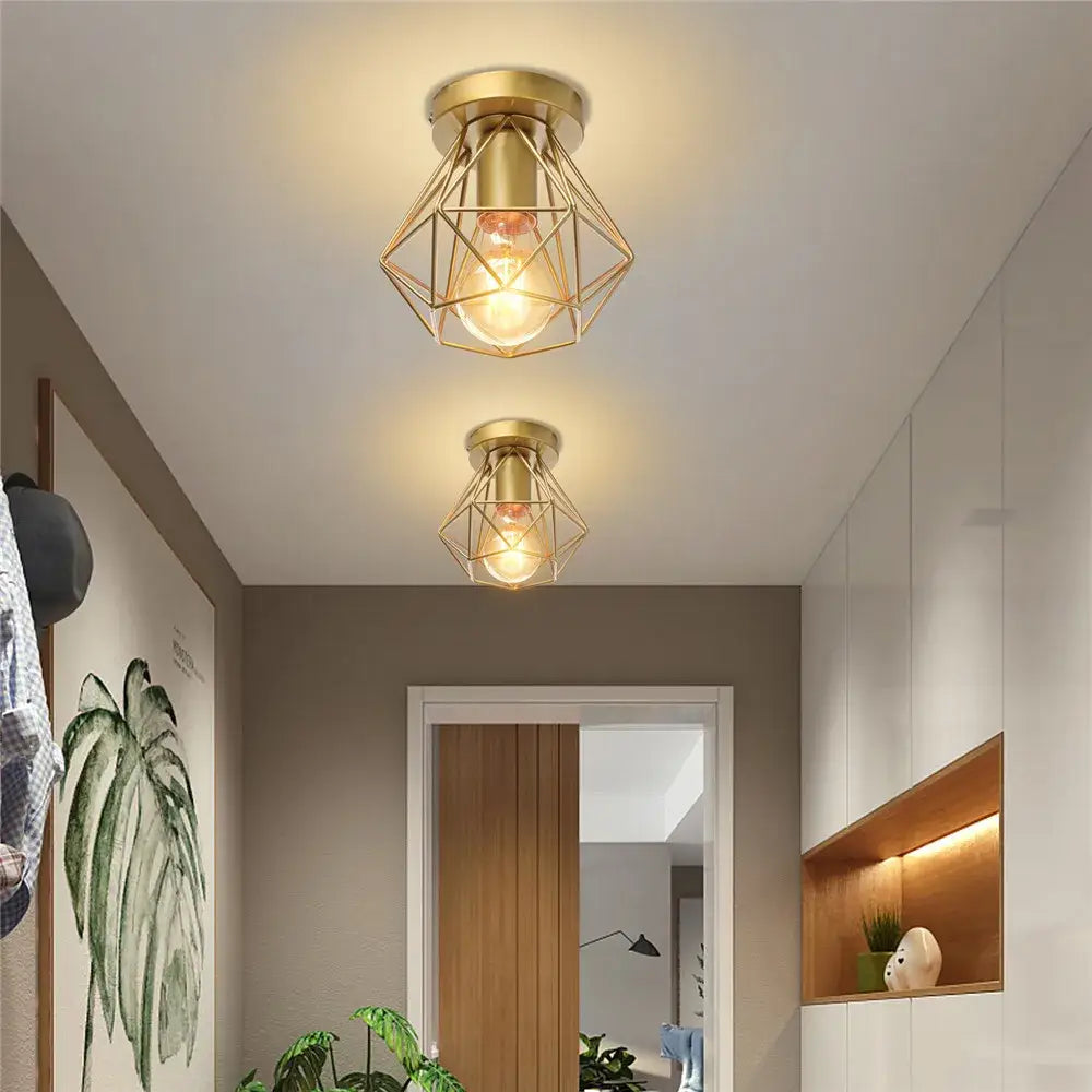 Modern geometric iron frame cage ceiling light for aisle and loft