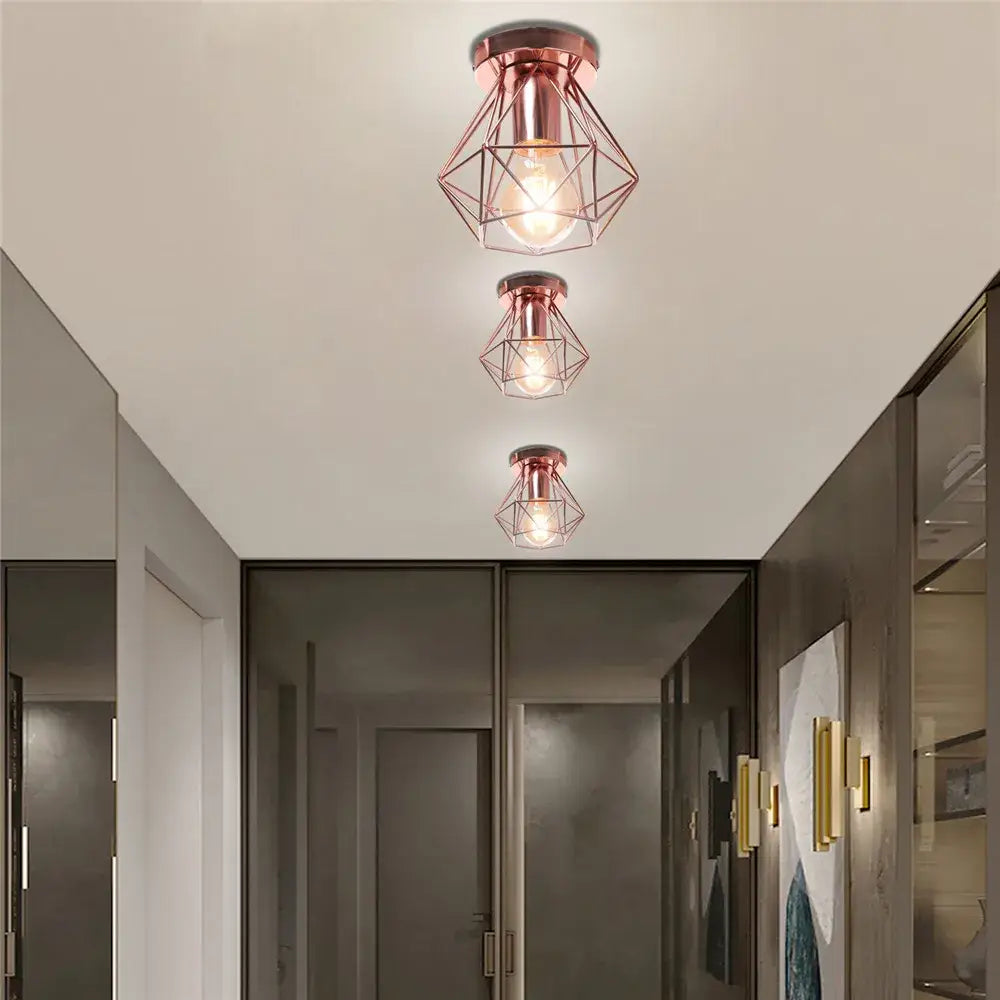 Modern geometric iron frame cage ceiling light for aisle and loft