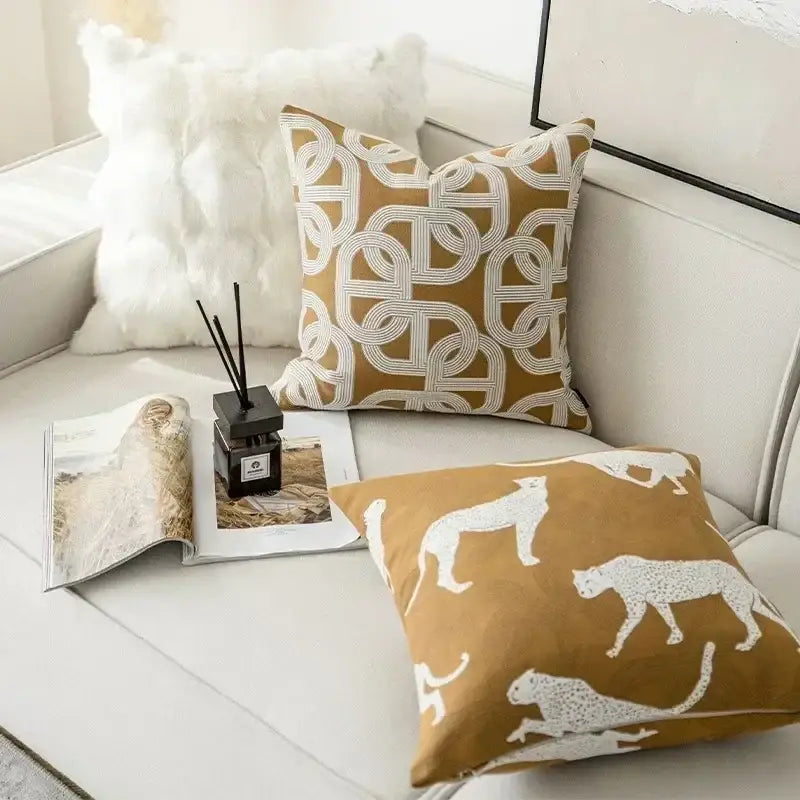 Modern geometric jacquard cushion cover brown & white living room cheetah