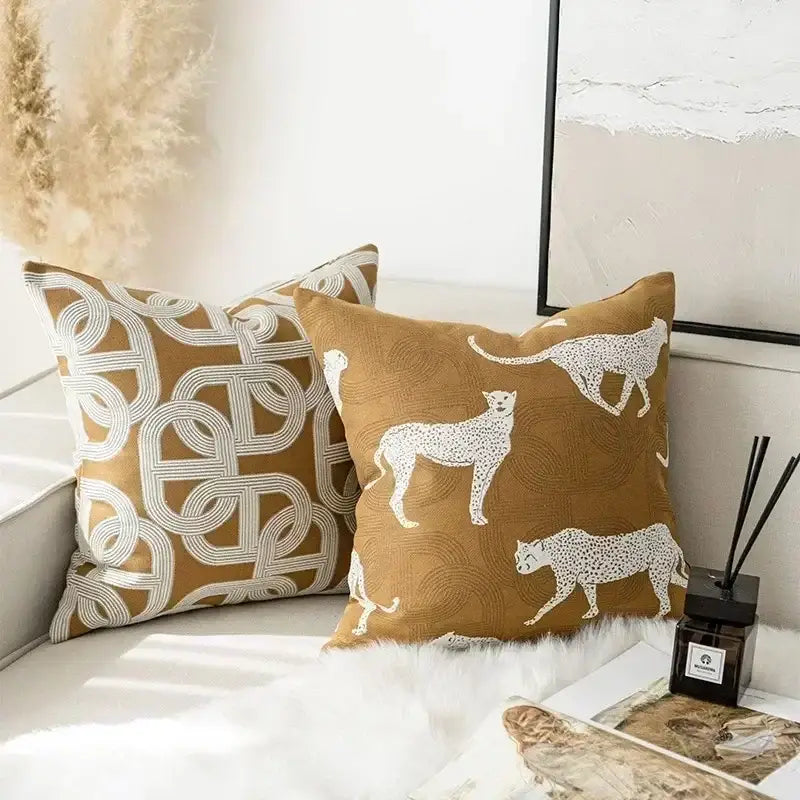 Modern geometric jacquard cushion cover brown & white living room cheetah
