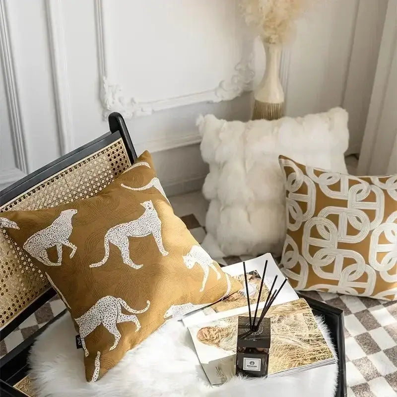 Modern geometric jacquard cushion cover brown & white living room cheetah