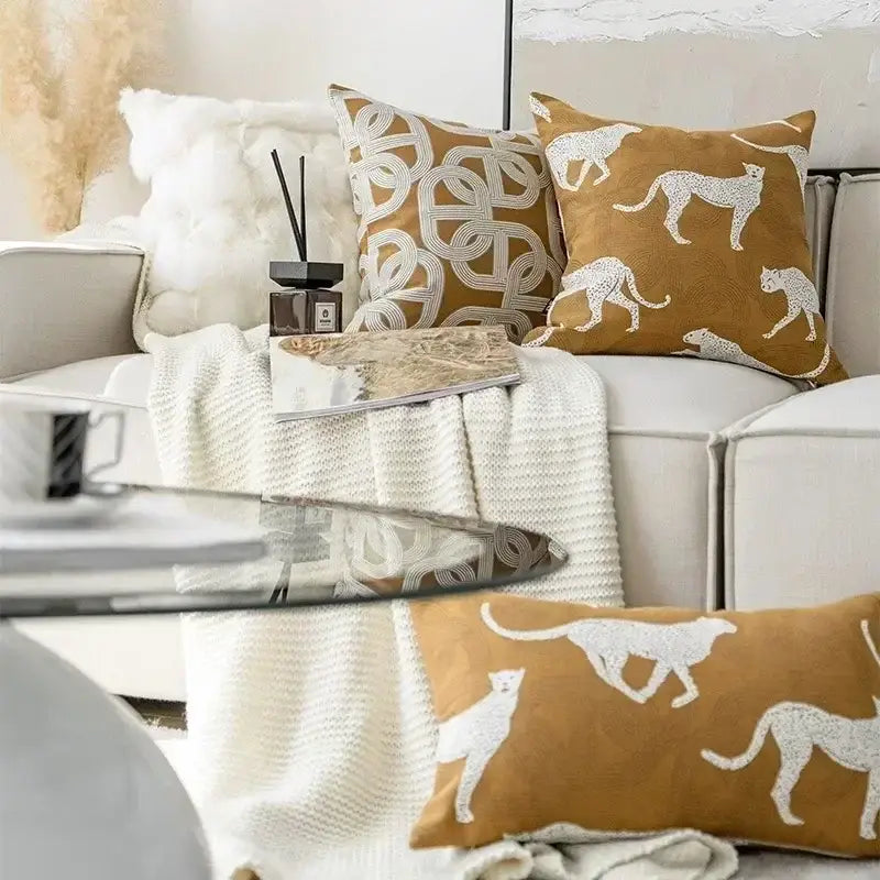 Modern geometric jacquard cushion cover brown & white living room cheetah
