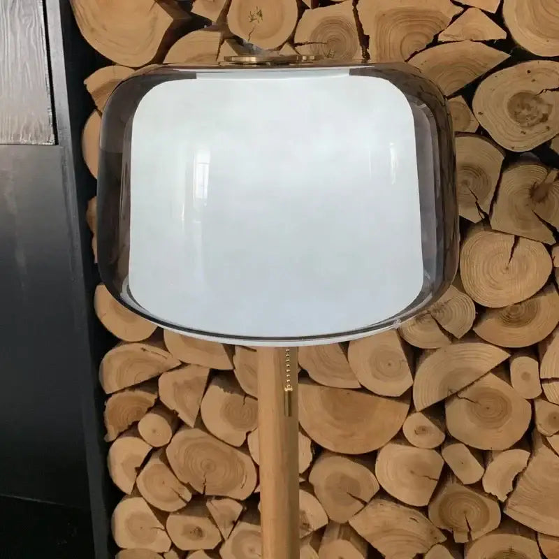 Modern glass floor lamp with wood pole for living room