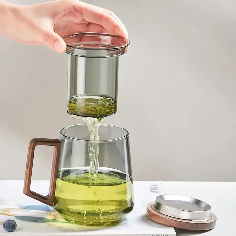 Modern glass tea cup with wood handle for kitchen drinking