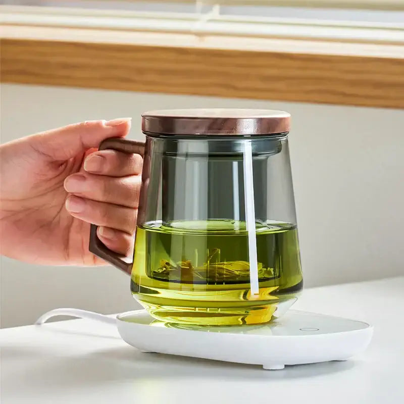 Modern glass tea cup with wood handle for kitchen drinking