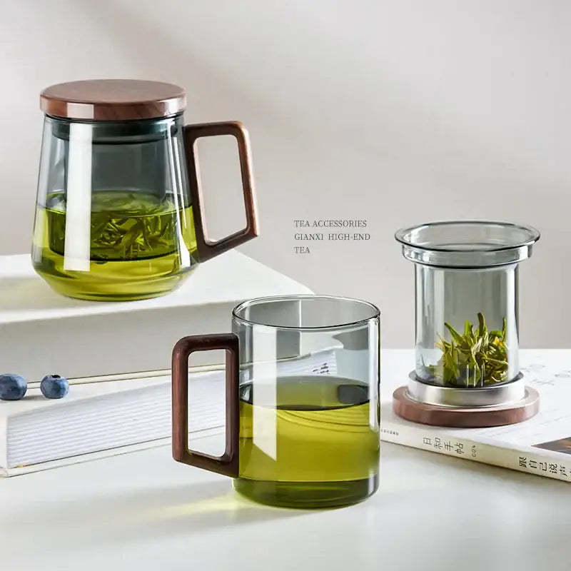Modern glass tea cup with wood handle for kitchen drinking