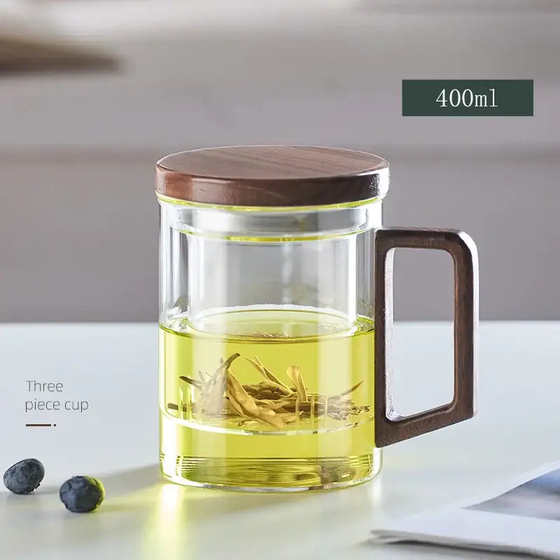 Modern glass tea cup with wood handle for kitchen drinking