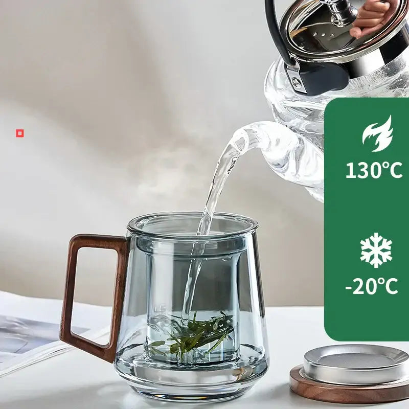 Modern glass tea cup with wood handle for kitchen drinking