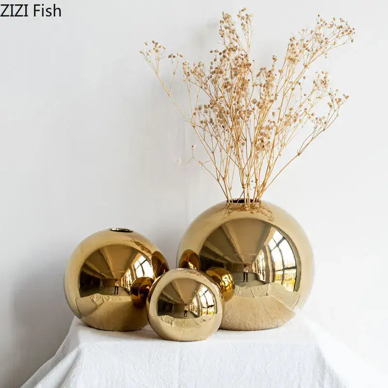 Modern glossy golden ball ceramic vase set living room decor