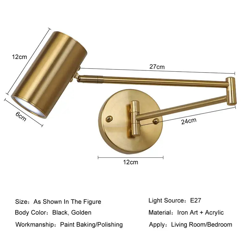 Modern gold adjustable swing arm wall lamp bedroom reading light