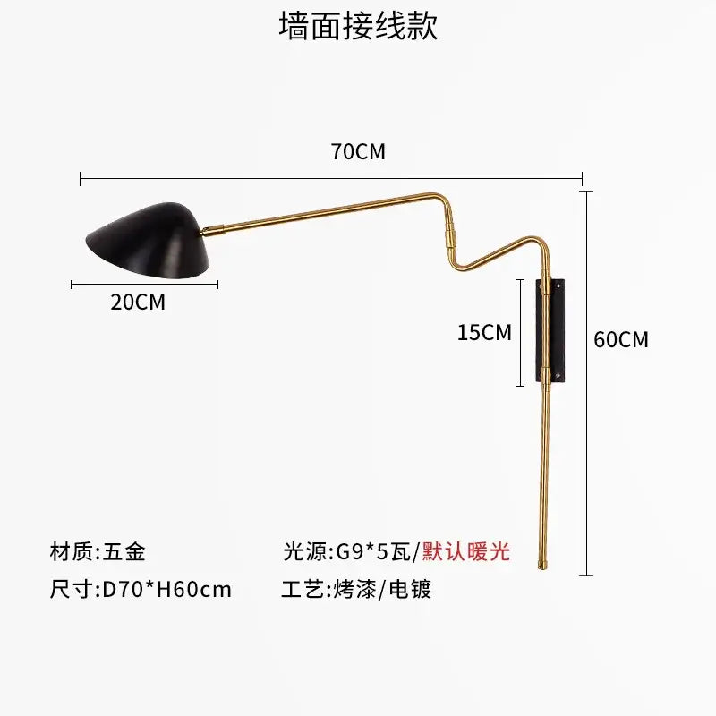 Modern gold and black led wall lamp bedroom adjustable rocker arm