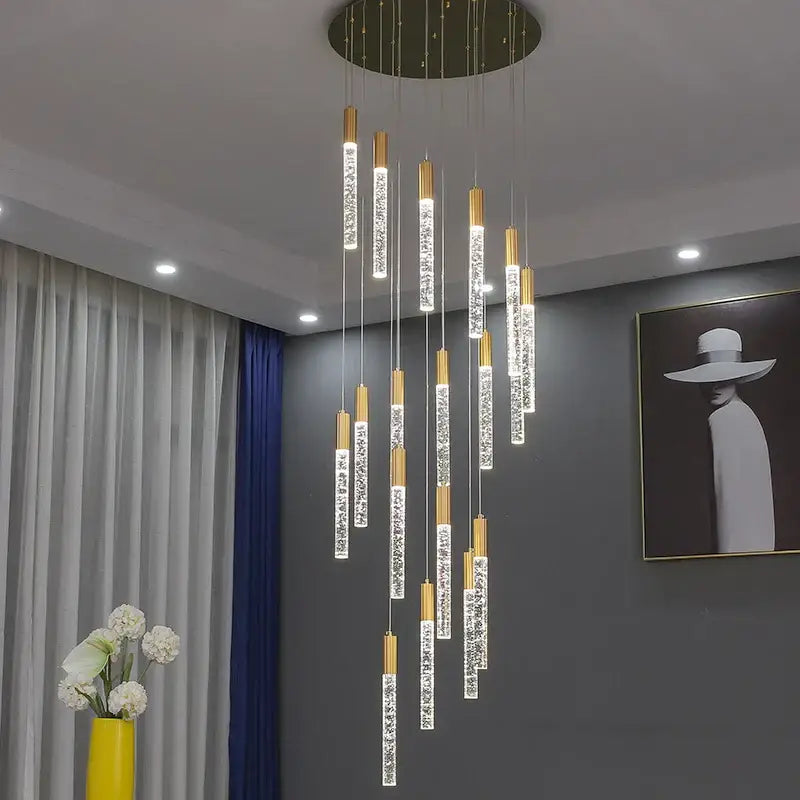 Modern gold and crystal cylindrical stair chandelier living room