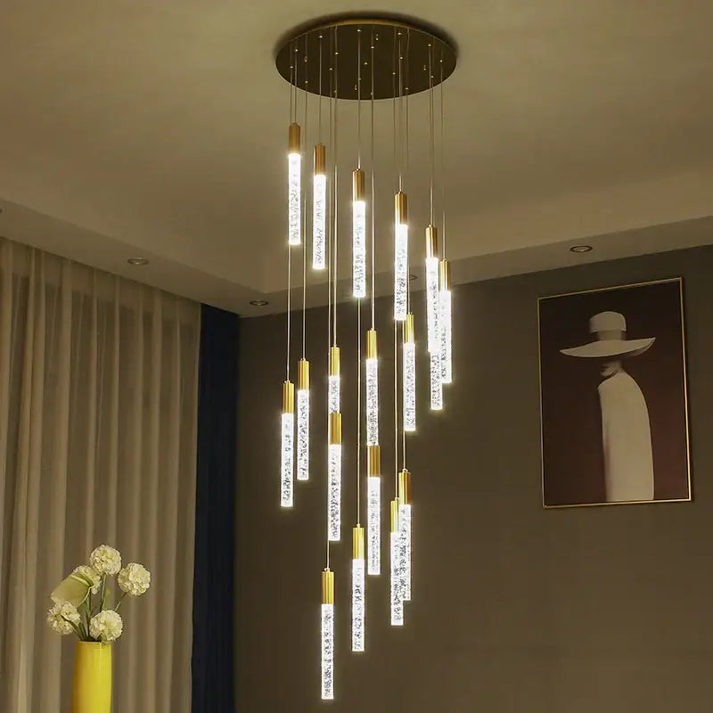 Modern gold and crystal cylindrical stair chandelier living room