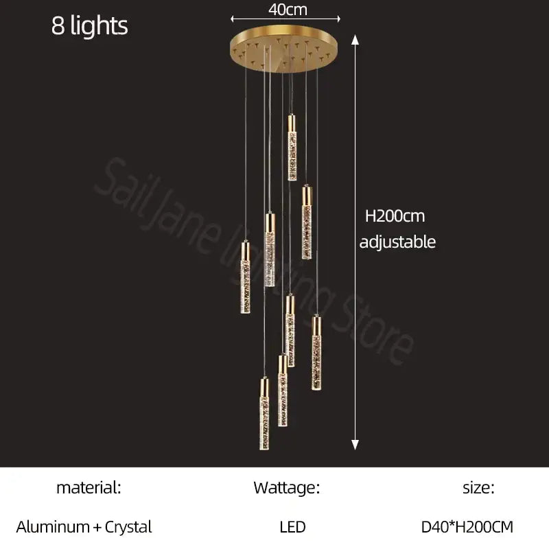 Modern gold and crystal cylindrical stair chandelier living room