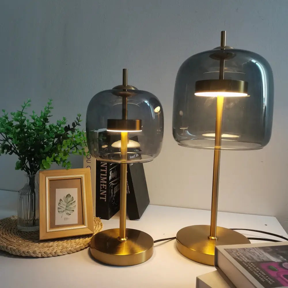 Modern gold and gray glass table lamp set for bedroom