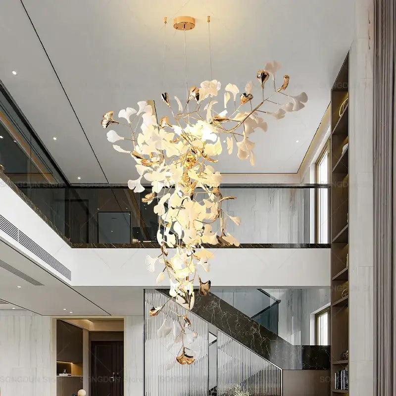 Modern gold and white gingko leaf ceramic chandelier living room light