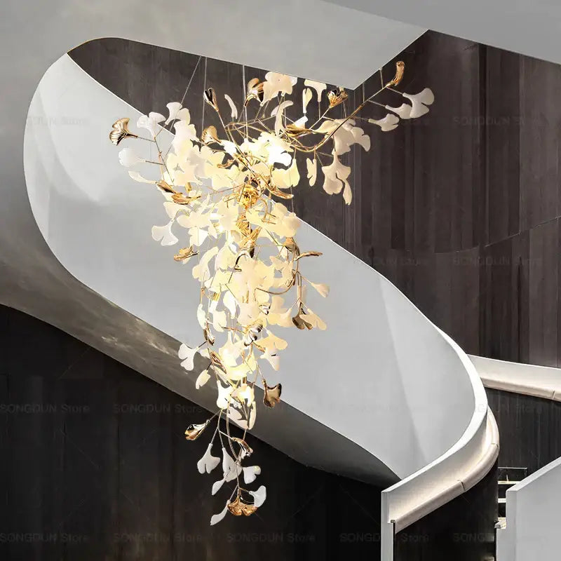 Modern gold and white gingko leaf ceramic chandelier living room light