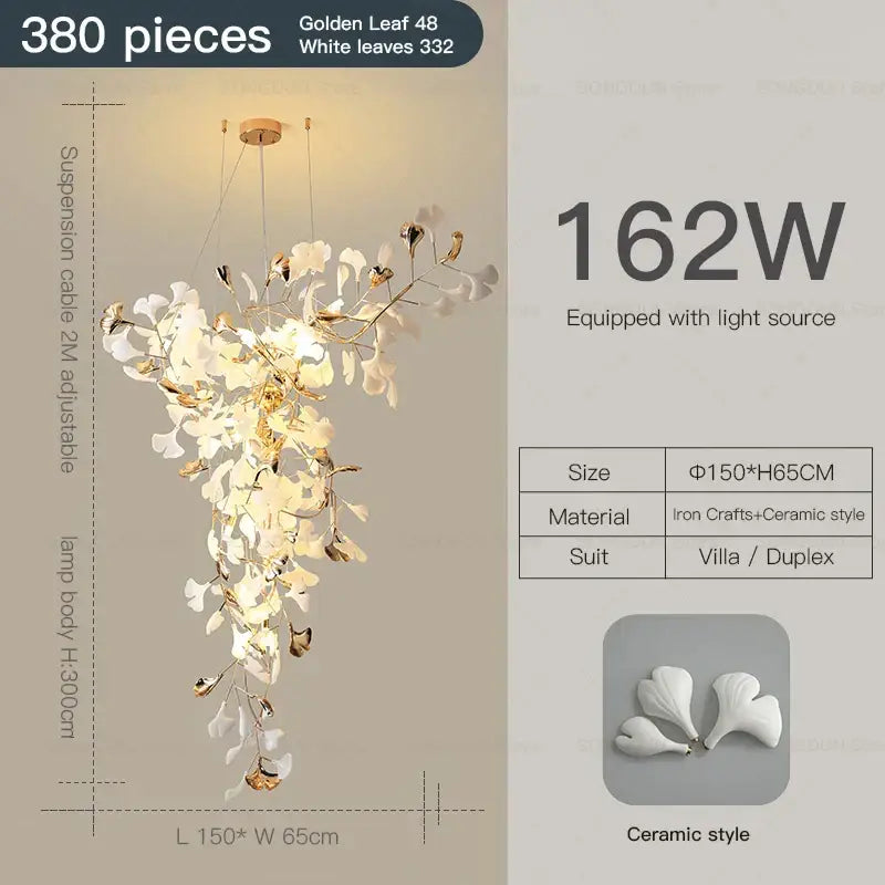 Modern gold and white gingko leaf ceramic chandelier living room light