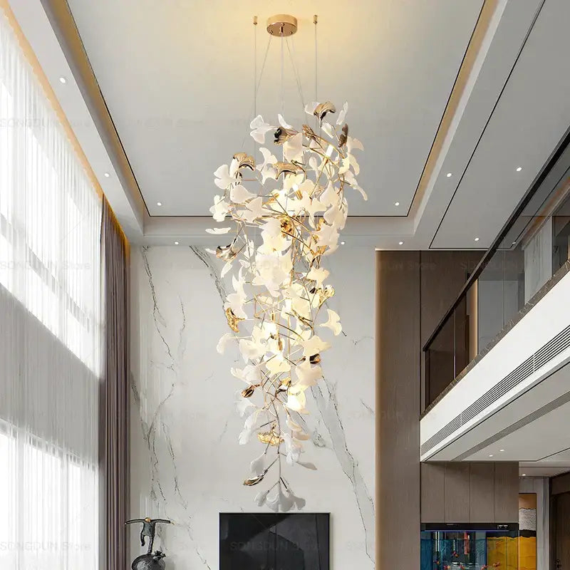 Modern gold and white gingko leaf ceramic chandelier living room light