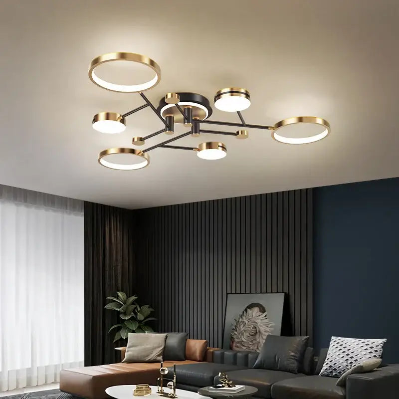 Modern gold & black circular ring pendant light for living room