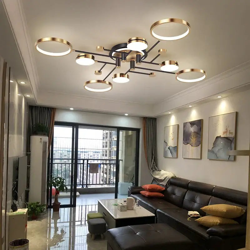 Modern gold & black circular ring pendant light for living room
