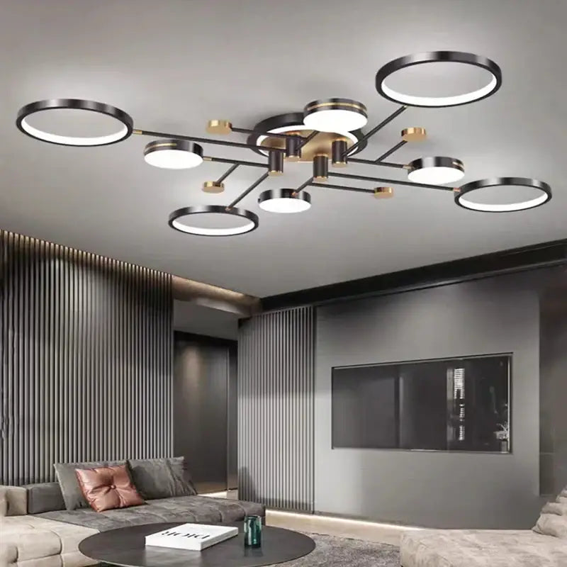 Modern gold & black circular ring pendant light for living room