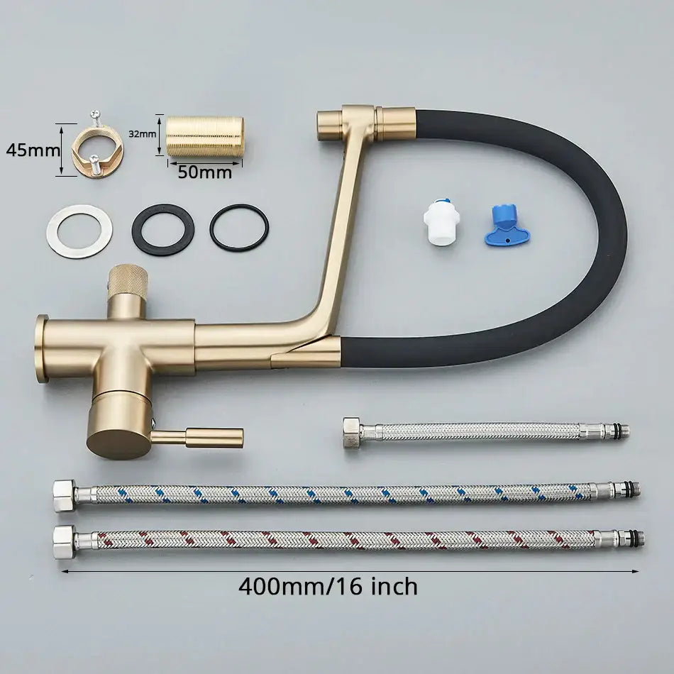 Modern gold & black dual spout kitchen faucet with flexible hose