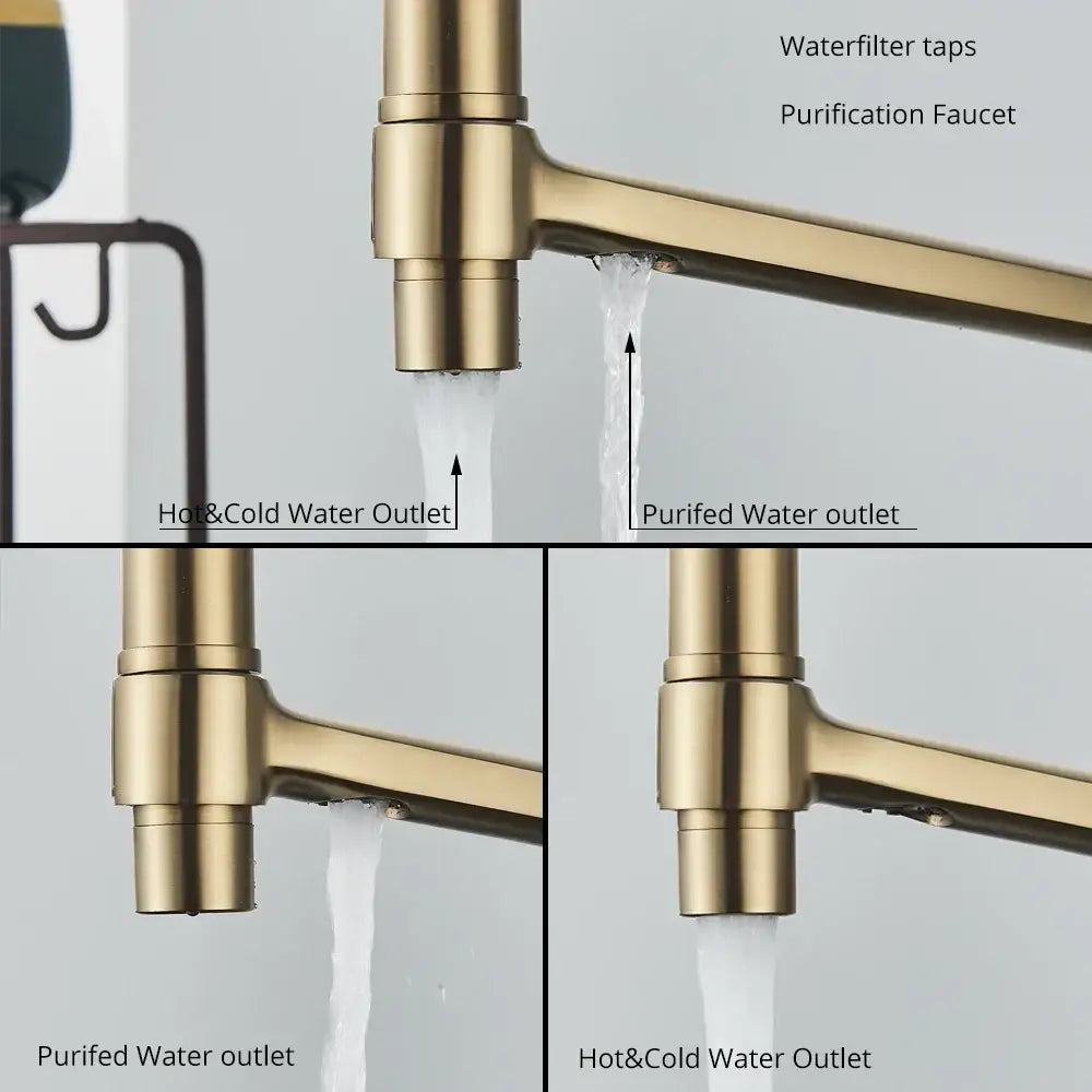Modern gold & black dual spout kitchen faucet with flexible hose