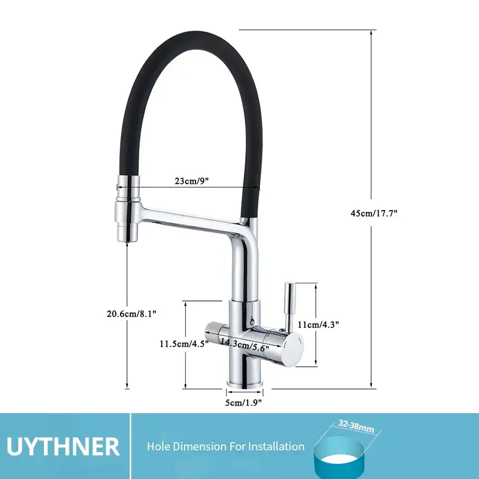 Modern gold & black dual spout kitchen faucet with flexible hose