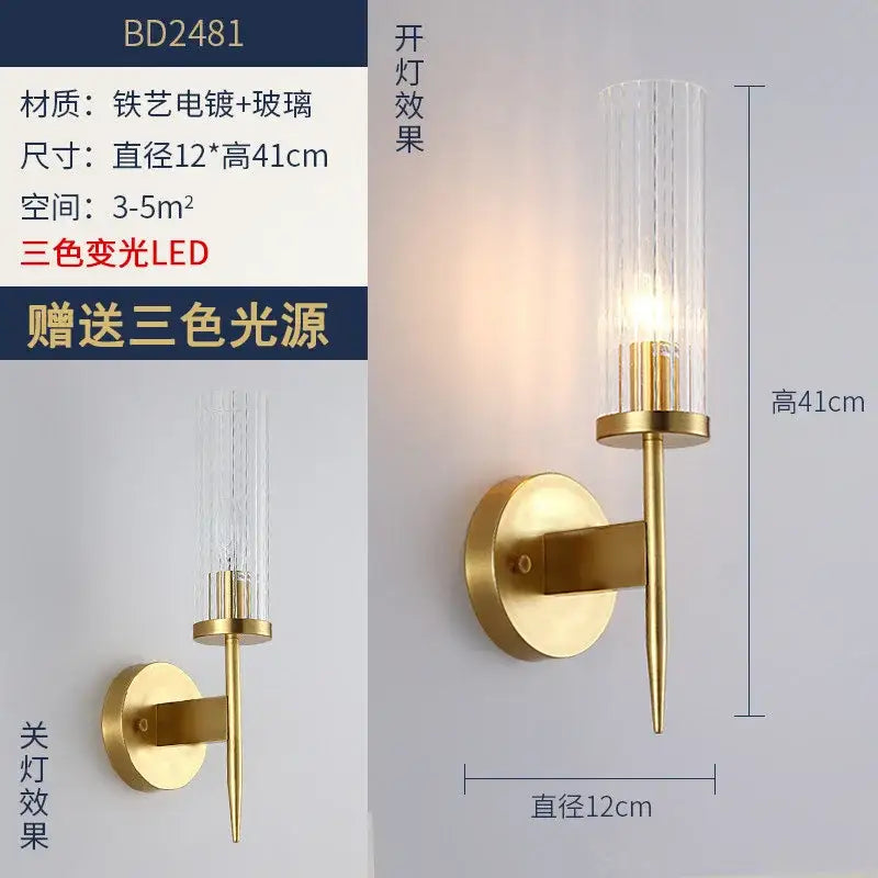 Modern gold brass crystal wall sconce bedroom light
