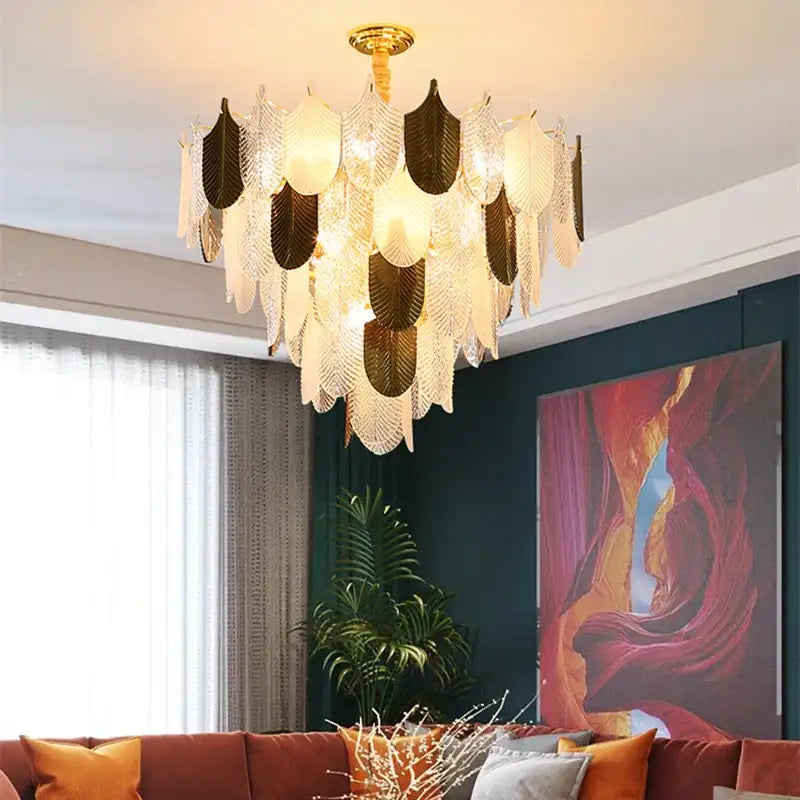 Modern gold & brown elegant glass ceiling chandelier living room