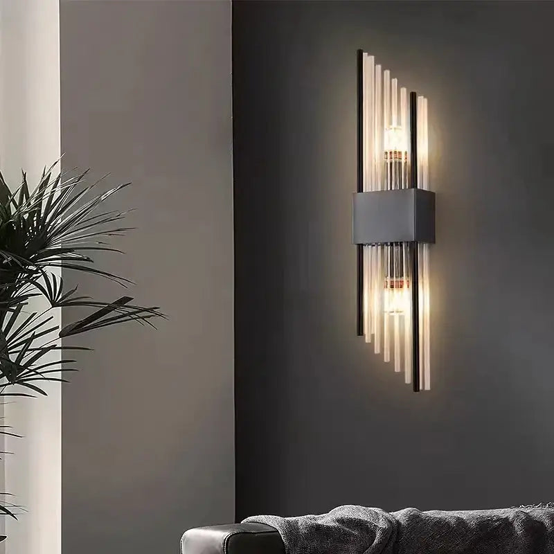 Modern gold & brushed steel glass rod wall lamp for living room
