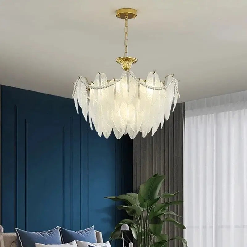 Modern gold crystal feather chandelier living room pendant light