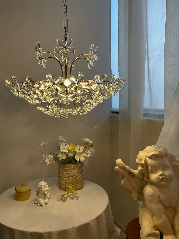 Modern gold crystal flower pendant chandelier living room light