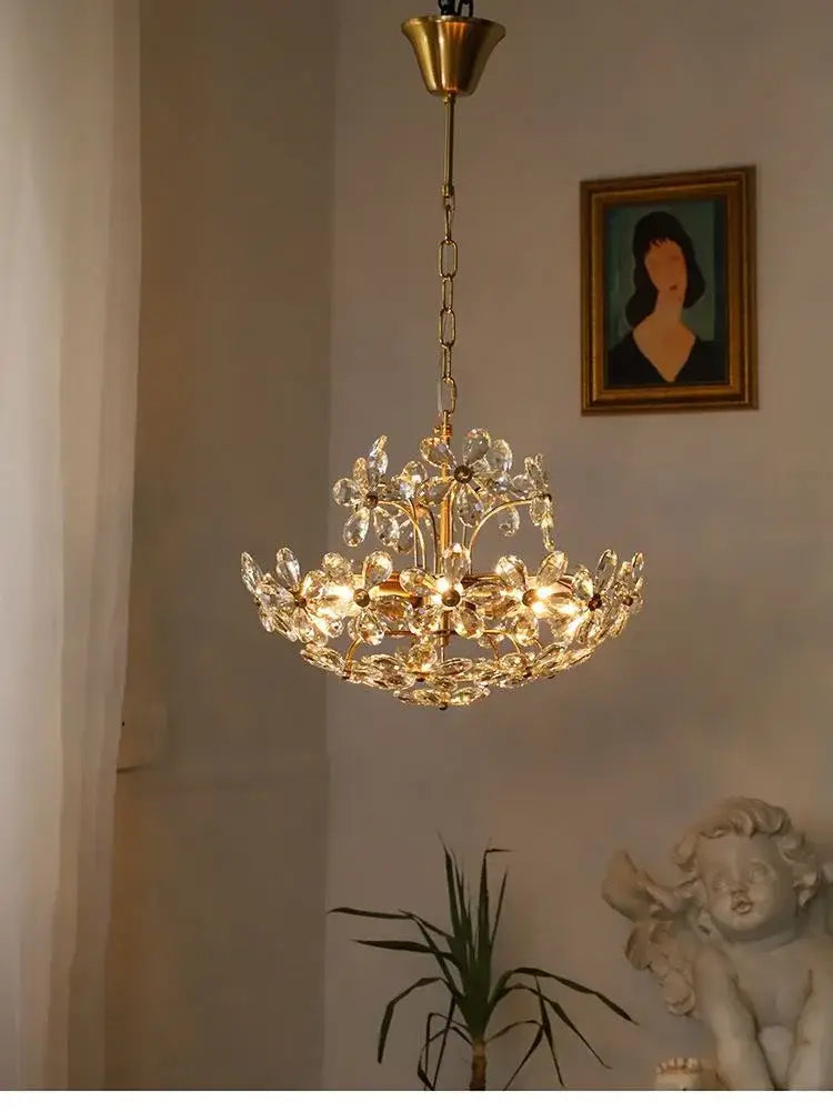 Modern gold crystal flower pendant chandelier living room light