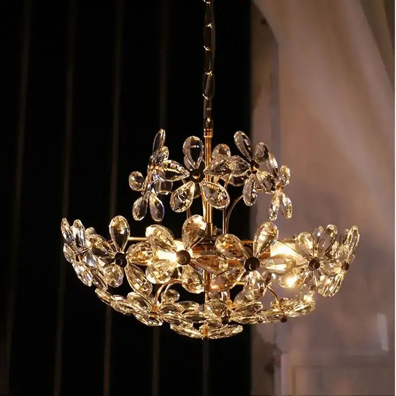 Modern gold crystal flower pendant chandelier living room light