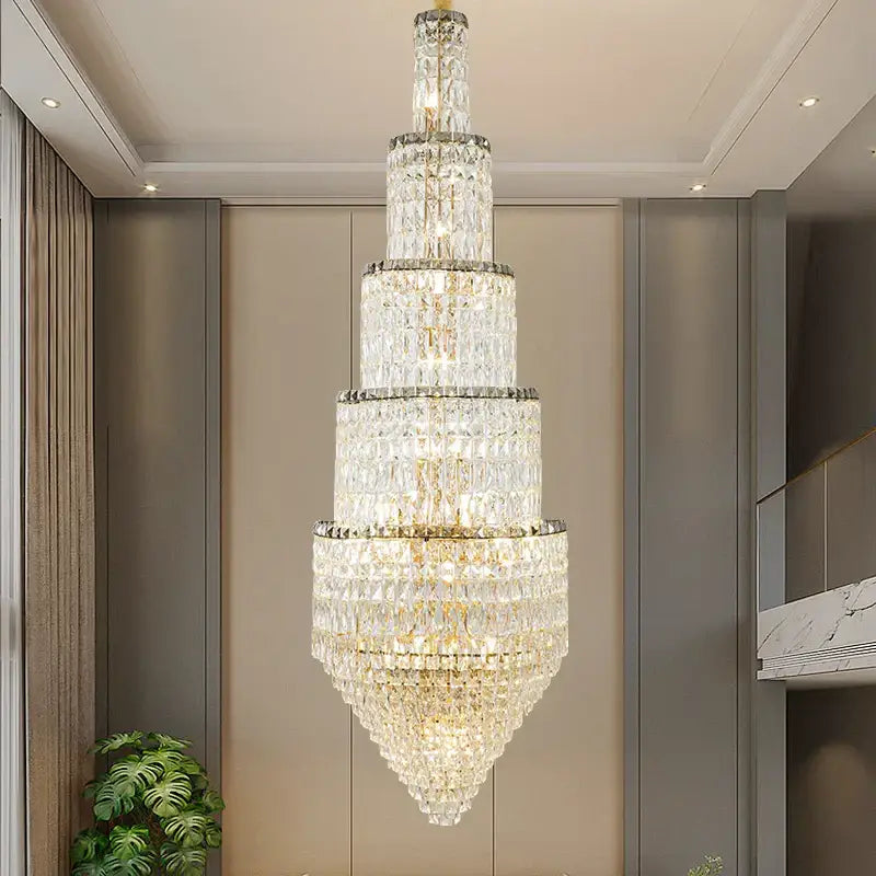 Modern gold crystal hollow long chandelier villa hall lighting