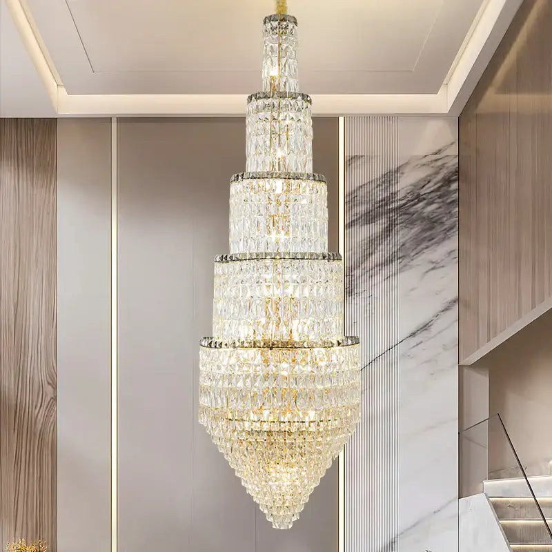 Modern gold crystal hollow long chandelier villa hall lighting