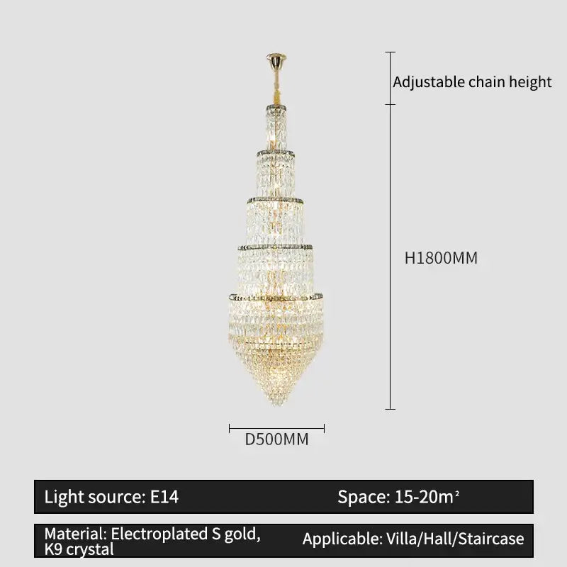 Modern gold crystal hollow long chandelier villa hall lighting