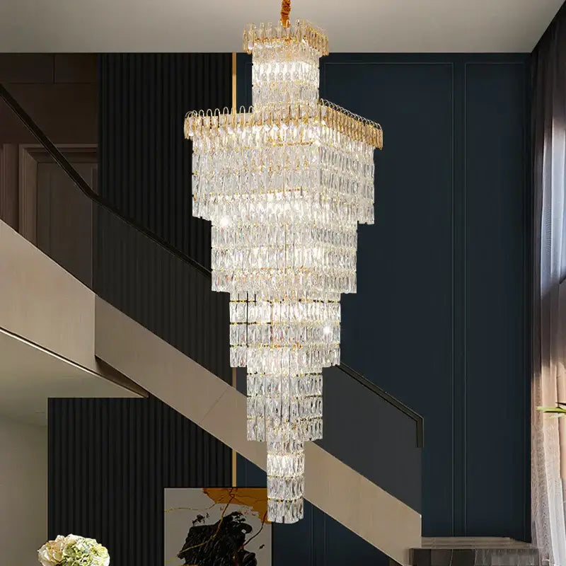 Modern gold crystal hollow stair chandelier staircase light